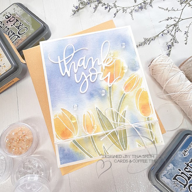 Distress Oxide watercolor card by Tina Smith with the Pretty Pink Posh Tulips stamp set #PrettyPinkPosh #TulipCards #Cardmaking #CardsandCoffeeTime