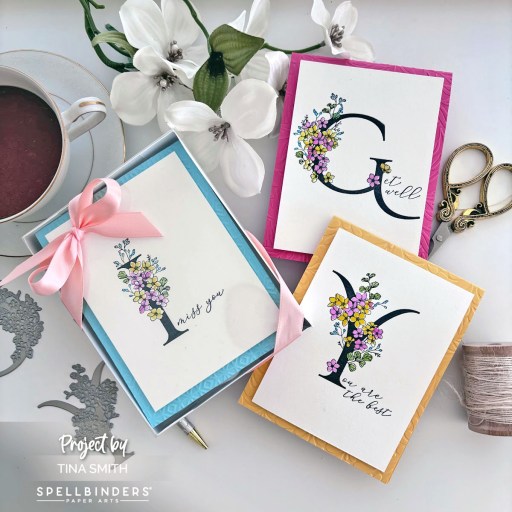 A Gift box and Note cards with the Every Occasion Floral Alphabet from Spellbinders