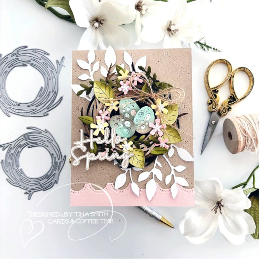 A Hello Spring Card with the Papertrey Ink Into the Blooms: Spring Nest Die Set!