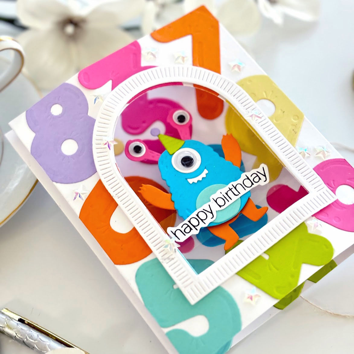 A Monster Shadow Box Card with the Spellbinders Dancin' Monster!