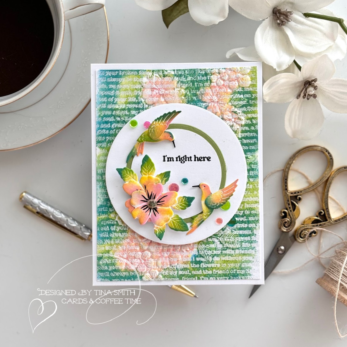 A Card with the Delicate Hummingbird Duo & the Tumbling Flowers Emboss & Cut Folder from Simon Says Stamp! #Cardsandcoffeetime #Simonsaysstamp