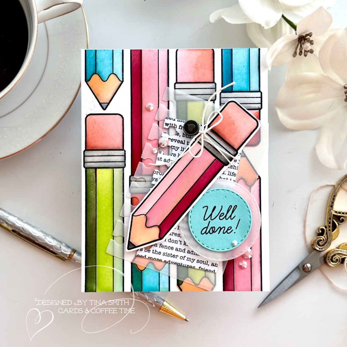 A Pencil card with the Simon Says Just Write Stamp & Stencil. #Cardsandcoffeetime #Simonsaysstamp