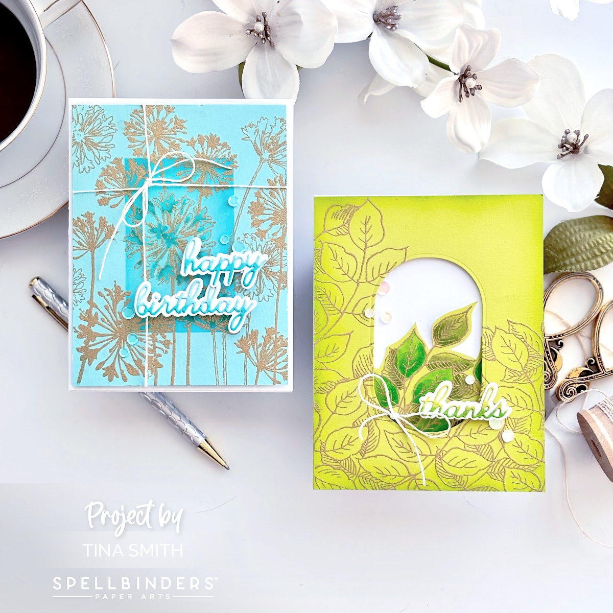 Two Spotlight Cards with the Stampendous Leafy Lines & Agapanthus Cling Background Stamps from Spellbinders! #spellbinders #cardsandcoffeetime