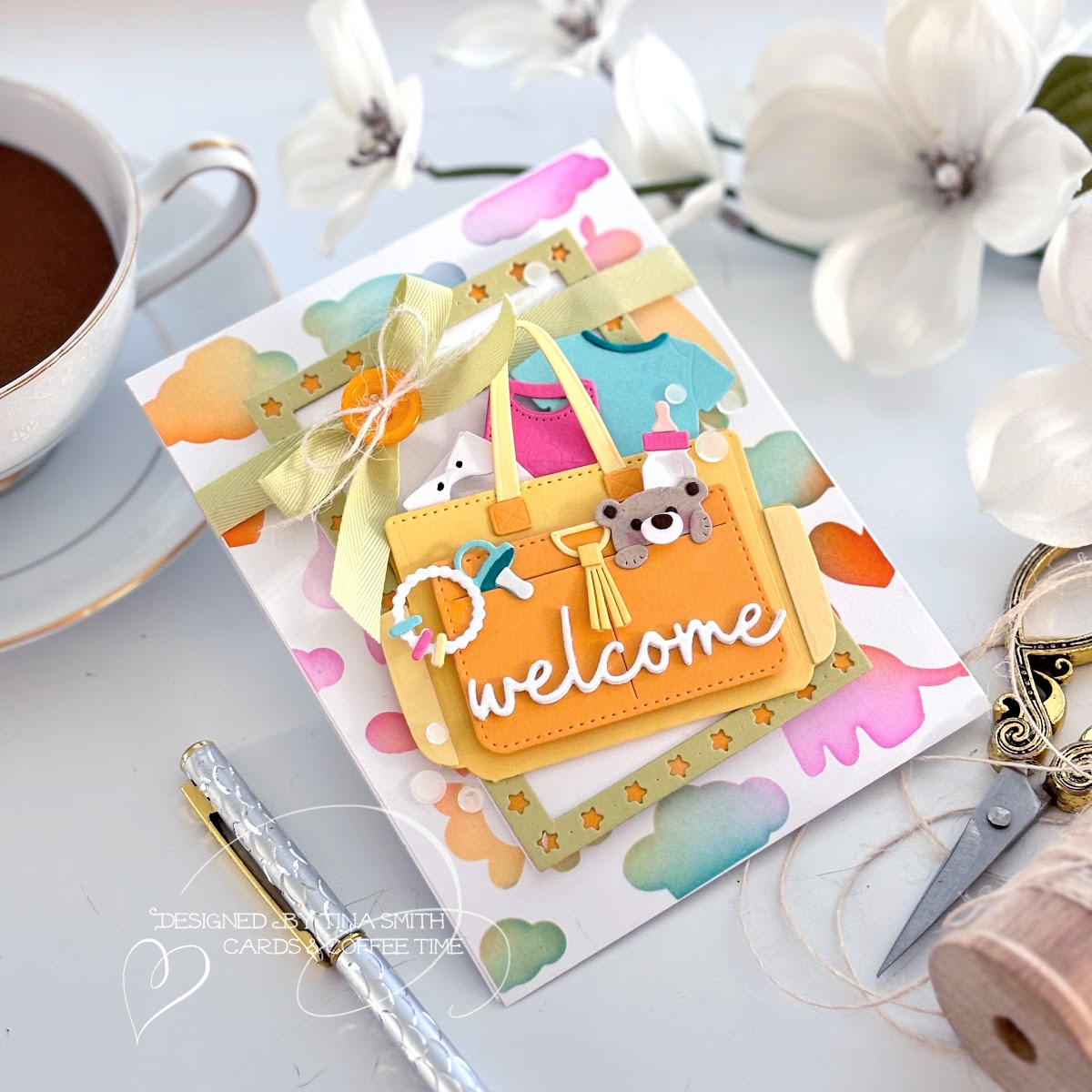 A Baby Card with the Papertrey Ink Go-To Gift card Holder: Diaper Bag Die Set! #Cardsandcoffeetime #papertreyInk