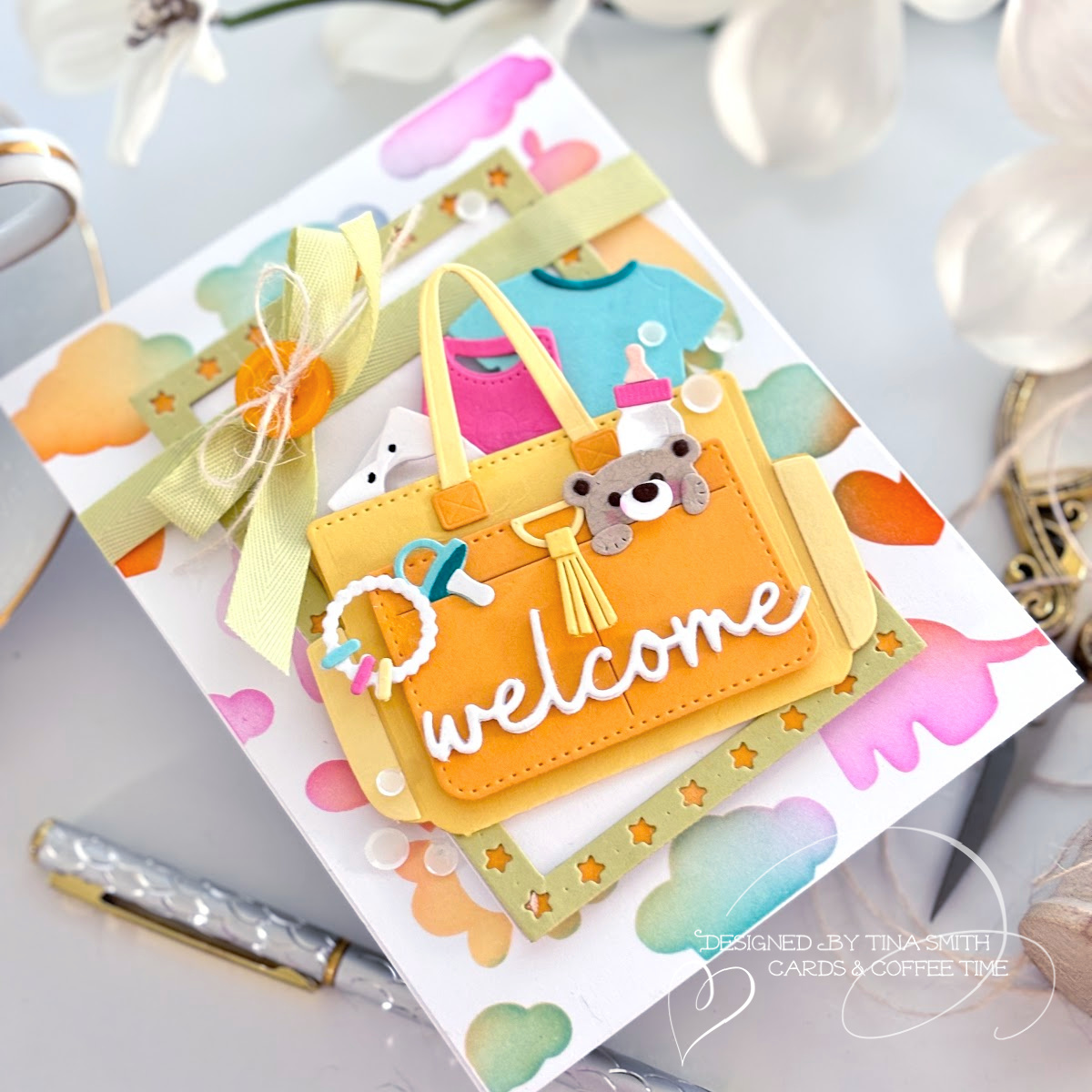 A Baby Card with the Papertrey Ink Go-To Gift card Holder: Diaper Bag Die Set! #Cardsandcoffeetime #papertreyInk