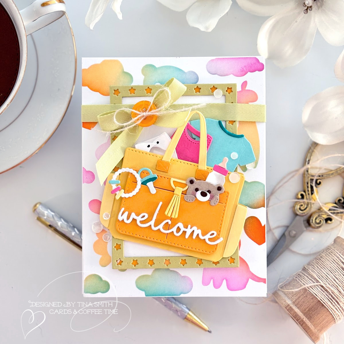 A Baby Card with the Papertrey Ink Go-To Gift card Holder: Diaper Bag Die Set! #Cardsandcoffeetime #papertreyInk