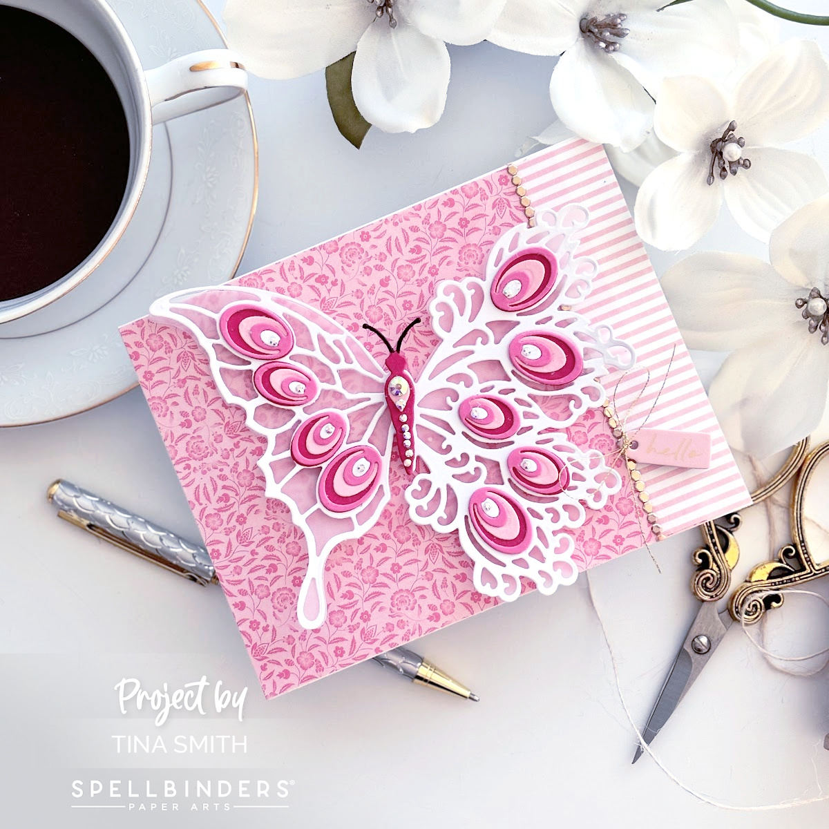Creating a Beautiful Hello Card start to finish using the Spellbinders Peacock Butterfly Die Set! #cardsandcoffeetime #Spellbinders