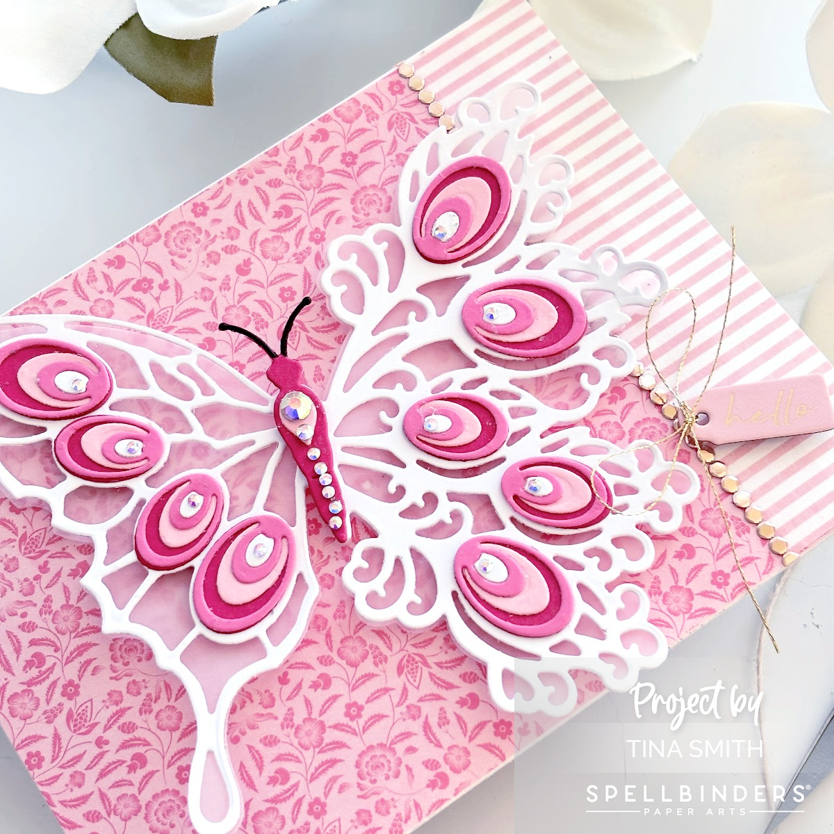 Creating a Beautiful Hello Card start to finish using the Spellbinders Peacock Butterfly Die Set! #cardsandcoffeetime #Spellbinders