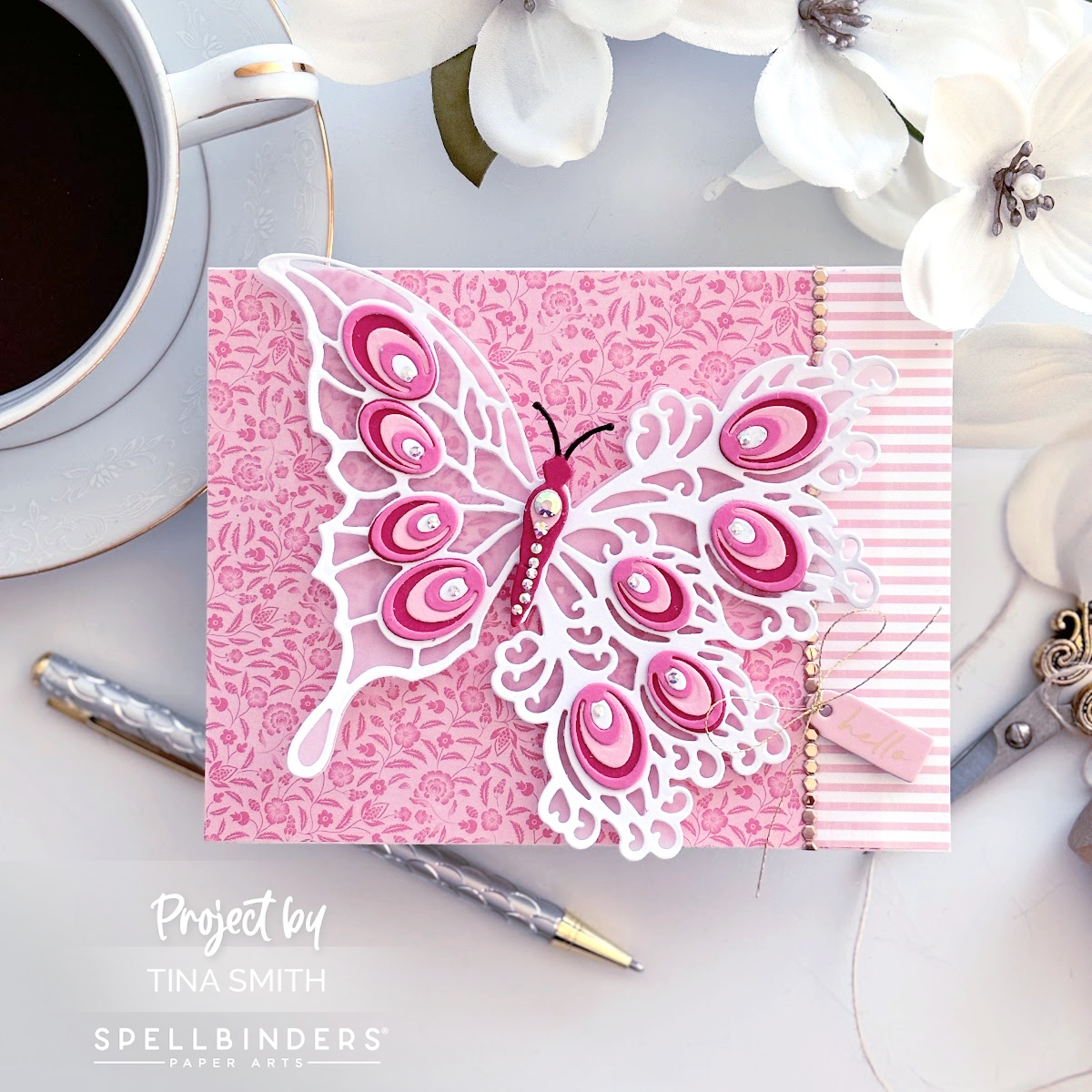 Creating a Beautiful Hello Card start to finish using the Spellbinders Peacock Butterfly Die Set! #cardsandcoffeetime #Spellbinders