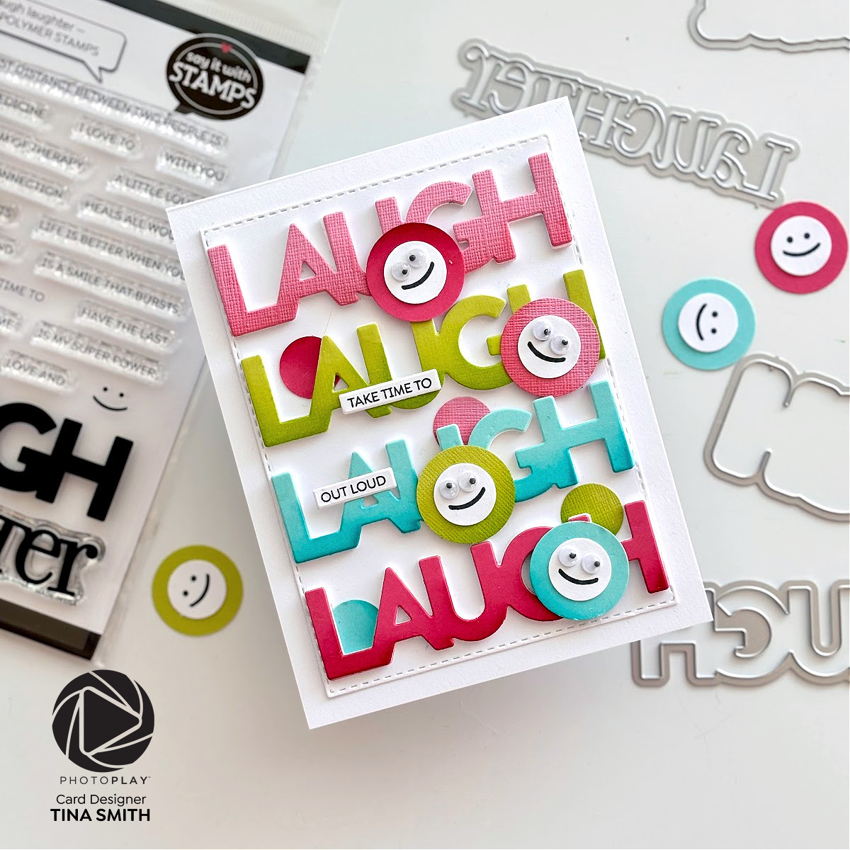 A Happy Card using the Photoplay Say It With Stamps Laugh Laughter Die Set! #Cardsandcoffeetime #Photoplaypaper
