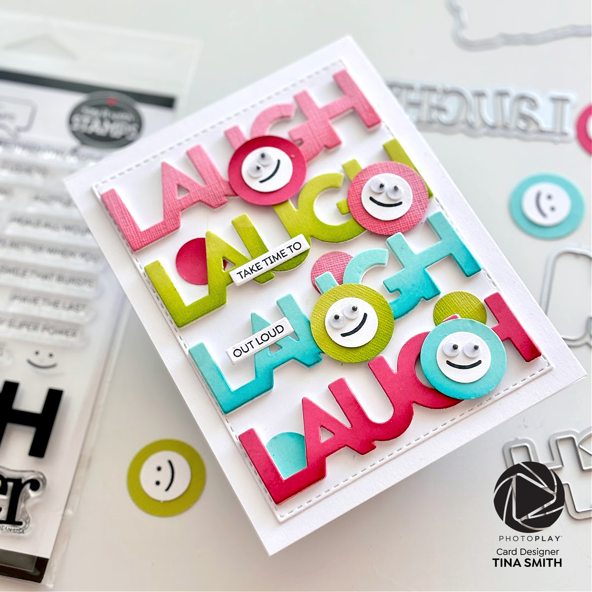 A Happy Card using the Photoplay Say It With Stamps Laugh Laughter Die Set! #Cardsandcoffeetime #Photoplaypaper