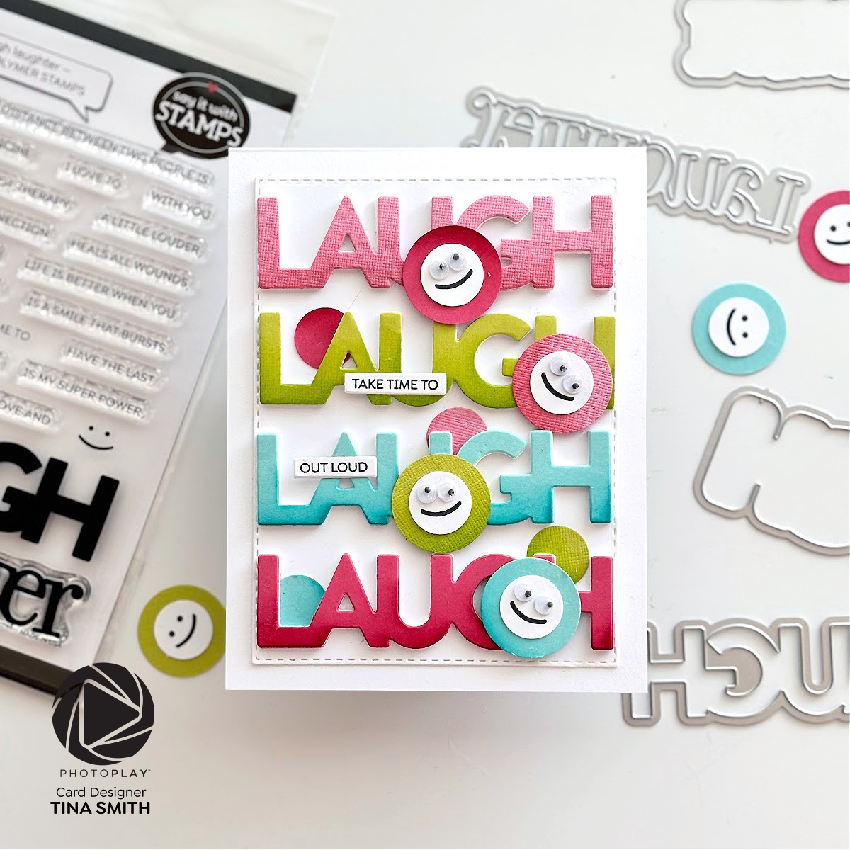 A Happy Card using the Photoplay Say It With Stamps Laugh Laughter Die Set! #Cardsandcoffeetime #Photoplaypaper