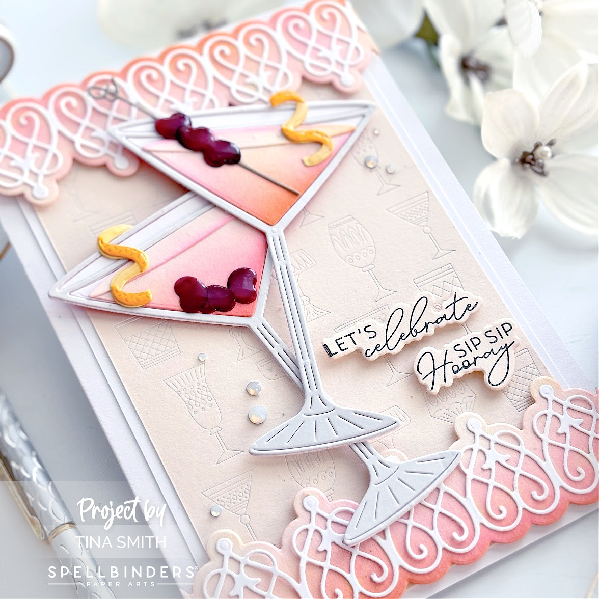 Creating a Cocktail Card Using the Spellbinders Olive Martini's Die Set and a few Betterpress Plates too! #Spellbinders #Cardsandcoffeetime