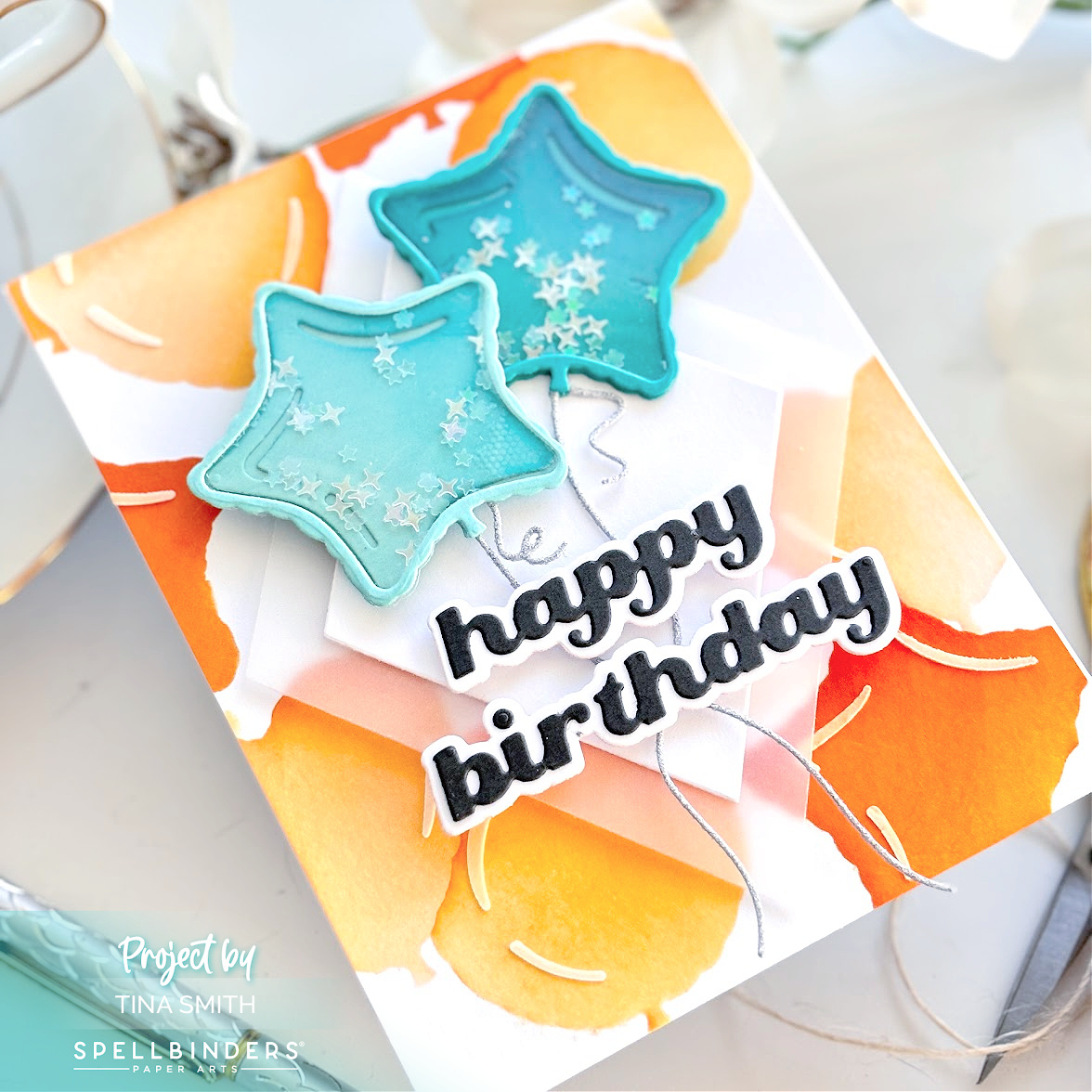 A Birthday Card with the Mylar Balloons Die Set & Stencil Set by Simon Hurley for Spellbinders! #Spellbinders #Cardsandcoffeetime