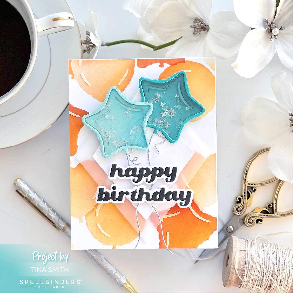 A Birthday Card with the Mylar Balloons Die Set & Stencil Set by Simon Hurley for Spellbinders! #Spellbinders #Cardsandcoffeetime