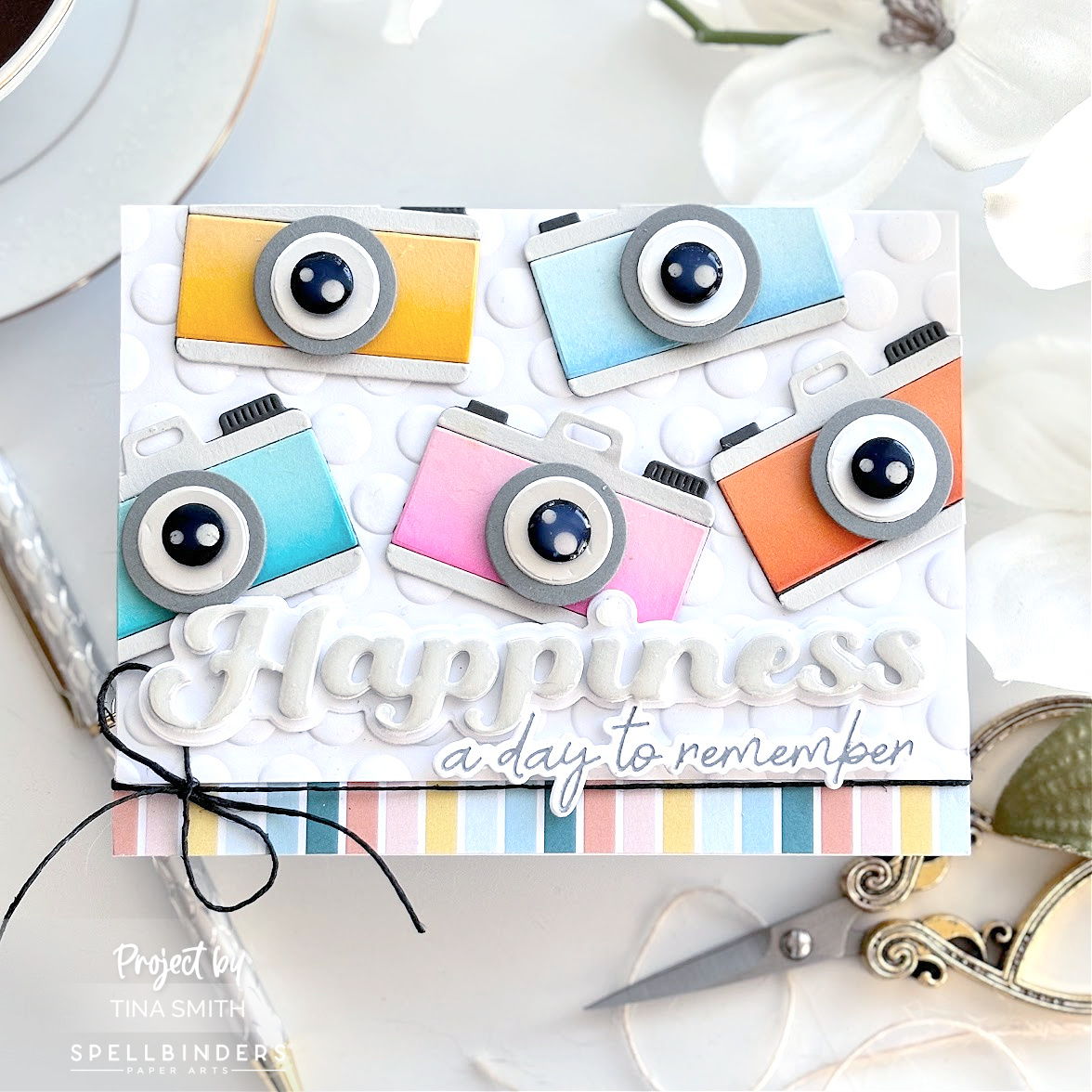 A Happy Card with the Spellbinders Happiness Die, Happiness Sentiments Press Plate and the Say Cheese Die Set! #cardsandcoffeetime  #spellbinders